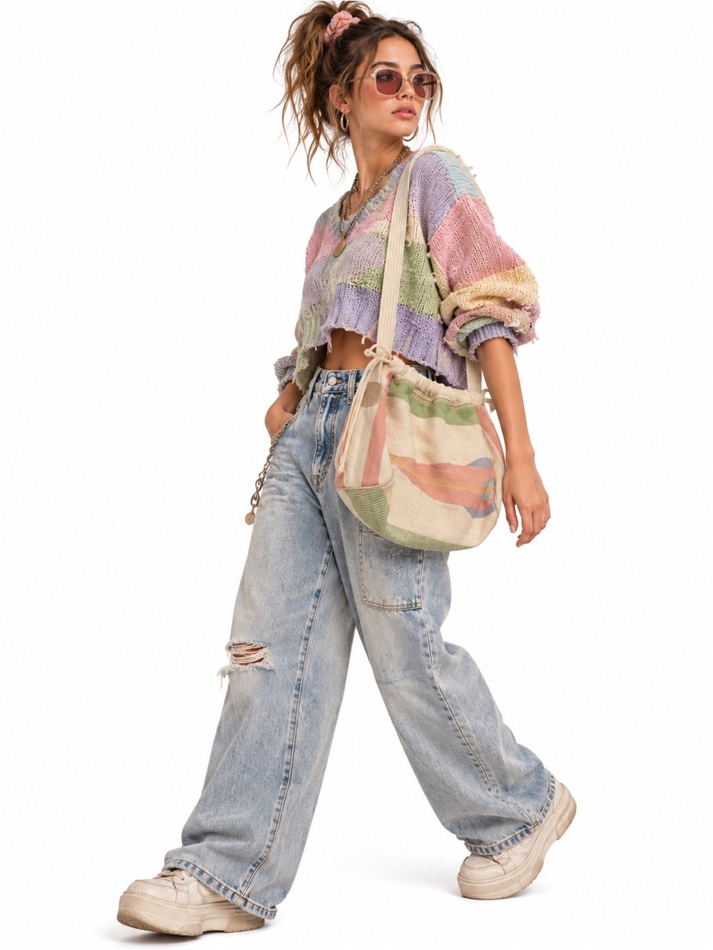 Vintage 80s B.H.Smith Canvas Stripe Hobo Bucket Bag in Pastel Multi